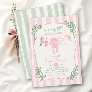 Invitation Fête de Bébé Fille aux Petites Rayures Roses et Ve