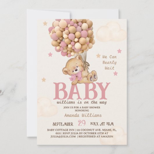Invitation Fête de Bébé Fille Ballons Ours Rose (Devant)