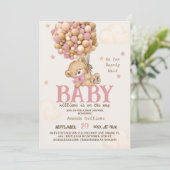 Invitation Fête de Bébé Fille Ballons Ours Rose (Debout devant)