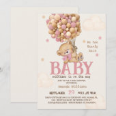 Invitation Fête de Bébé Fille Ballons Ours Rose (Devant / Derrière)