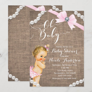 Invitation Fête de bébé fille blonde ruban rose Burlap & Pear