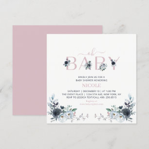 Invitation Fête de bébé fille Bohème Florale Rose et Navy Car