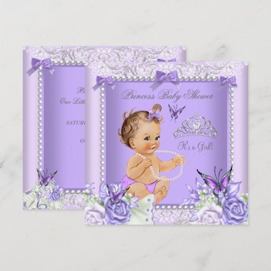 Invitation Fête de bébé fille brune Gris Lavande (Devant / Derrière)