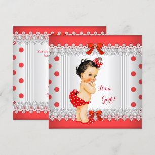 Invitation Fête de bébé fille Brunette Taches rouges et blanc