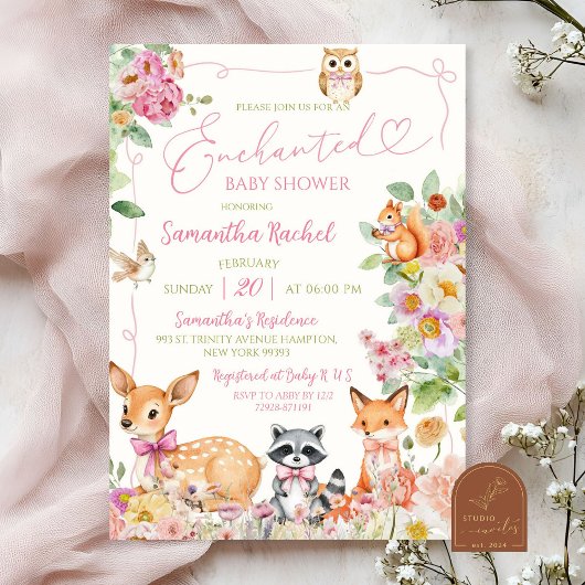 Invitation Fête de Bébé Fille Cerf Forêt Enchantée