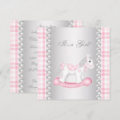 Invitation Fête de bébé fille Cheval à Bascule Gingham Rose P (Devant / Derrière)