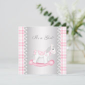 Invitation Fête de bébé fille Cheval à Bascule Gingham Rose P (Debout devant)