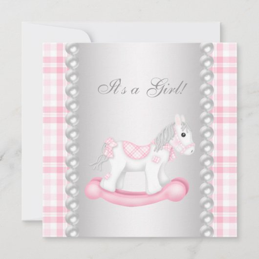 Invitation Fête de bébé fille Cheval à Bascule Gingham Rose P (Devant)