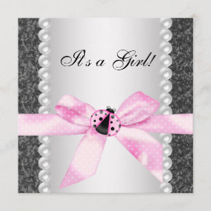 Invitation Fête de Bébé Fille Coccinelle Rose Noir Perles