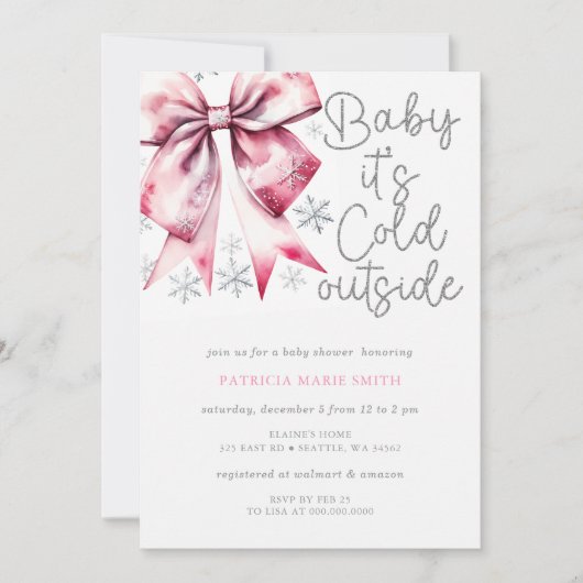 Invitation Fête de Bébé Fille Coquette Ruban Rose Froid à l'E (Devant)