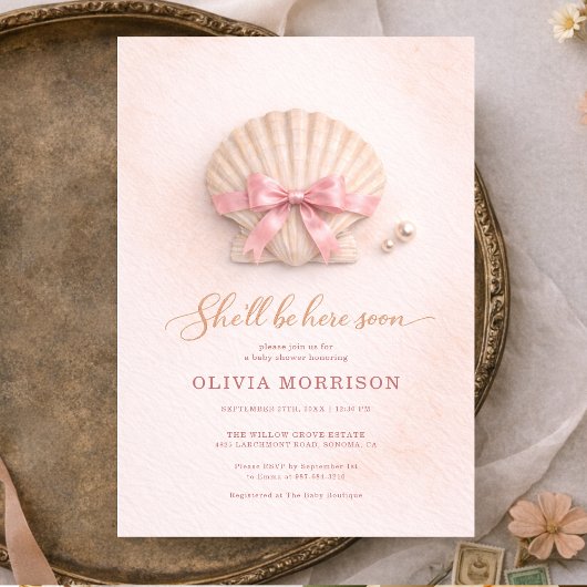 Invitation Fête de bébé Fille Coquillage Rose