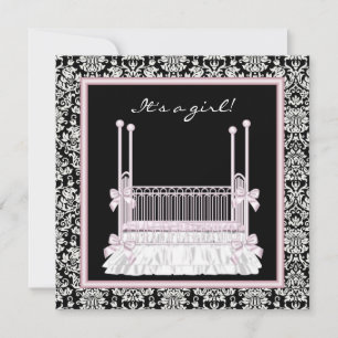 Invitation Fête de bébé fille de lit bébé en damas noir rose