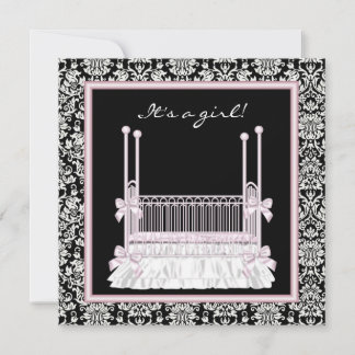 Invitation Fête de bébé fille de lit bébé en damas noir rose