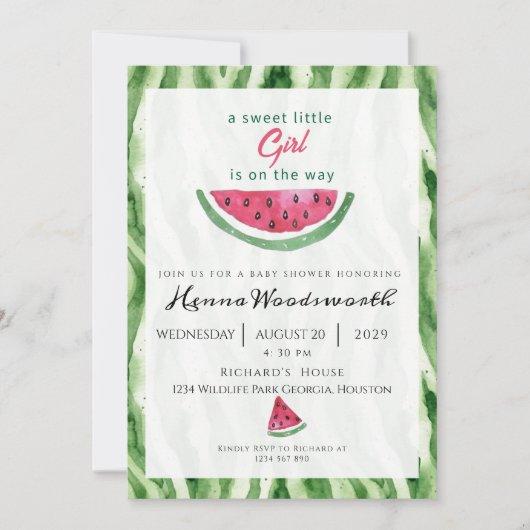 Invitation Fête de Bébé Fille Douce Bordure Pastèque Été (Devant)