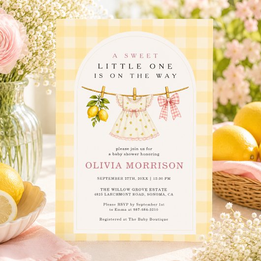 Invitation Fête de Bébé Fille Douce Citron sur Fil à Linge