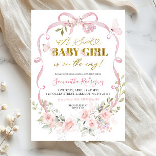 Invitation Fête de bébé fille douce Coquette avec nœud floral