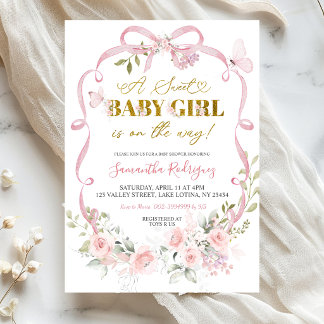 Invitation Fête de bébé fille douce Coquette avec nœud floral