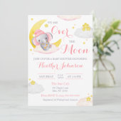 Invitation Fête de Bébé Fille Eléphant Au-Dessus de la Lune (Debout devant)
