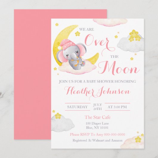 Invitation Fête de Bébé Fille Eléphant Au-Dessus de la Lune (Devant / Derrière)