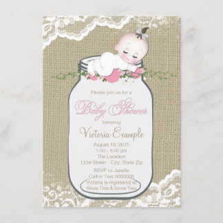Invitation Fête de bébé fille en bocal Mason en toile de jute