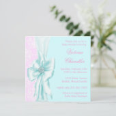 Invitation Fête de bébé fille en damas bleu sarcelle et rose (Debout devant)