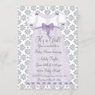 Invitation Fête de bébé fille en damas gris violet