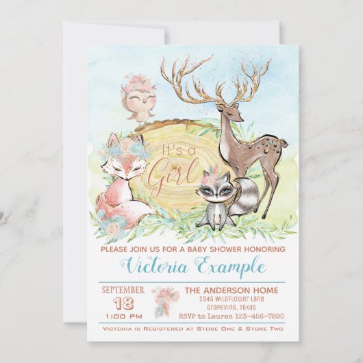 Invitation Fête de bébé fille en forêt (Devant)