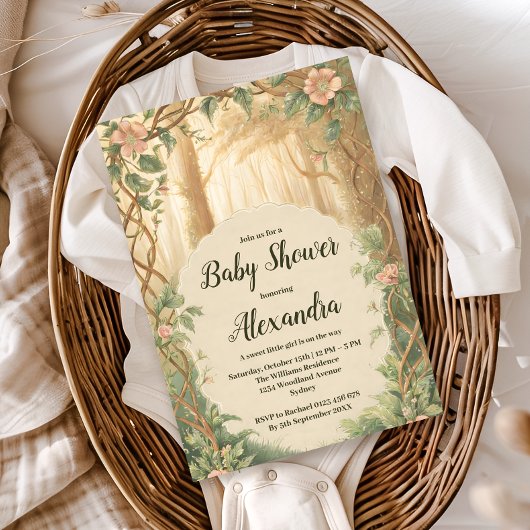 Invitation Fête de Bébé Fille en Forêt Enchantée