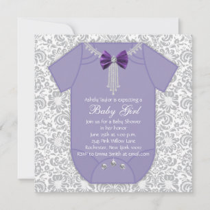 Invitation Fête de bébé fille en gris et damas violet