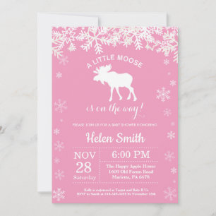 Invitation Fête de bébé fille en hiver avec élan et flocon de