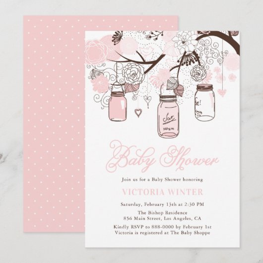 Invitation Fête de Bébé Fille en Jars de Maçon Suspendus Rose (Devant / Derrière)