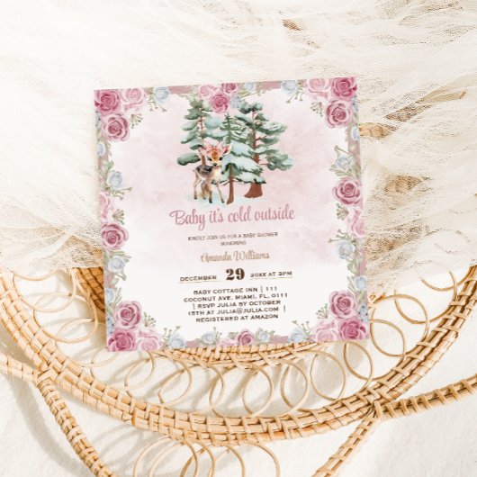 Invitation Fête de bébé fille fleurie cerf