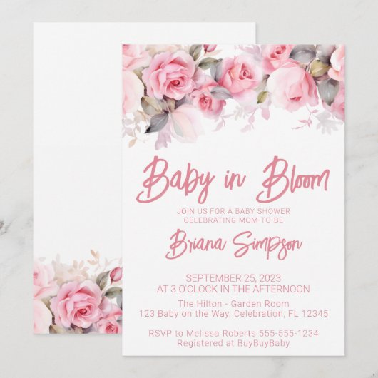 Invitation Fête de Bébé Fille Fleurs de Roses Roses (Devant / Derrière)