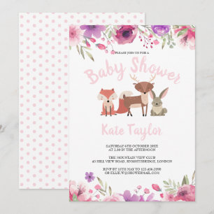 Invitation Fête de bébé fille fleurs roses Animaux de la forê