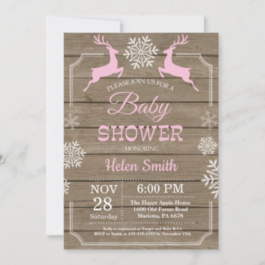 Invitation Fête de Bébé Fille Flocon de Neige Cerf Hiver Rust (Devant)