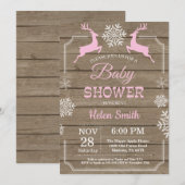 Invitation Fête de Bébé Fille Flocon de Neige Cerf Hiver Rust (Devant / Derrière)