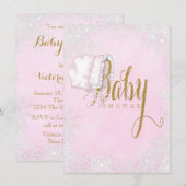 Invitation Fête de bébé fille flocon de neige en or rose (Devant / Derrière)