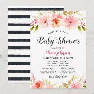 Invitation Fête de bébé fille florale à rayures noires modern