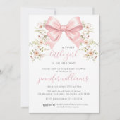 Invitation Fête de bébé fille florale ruban rose (Devant)