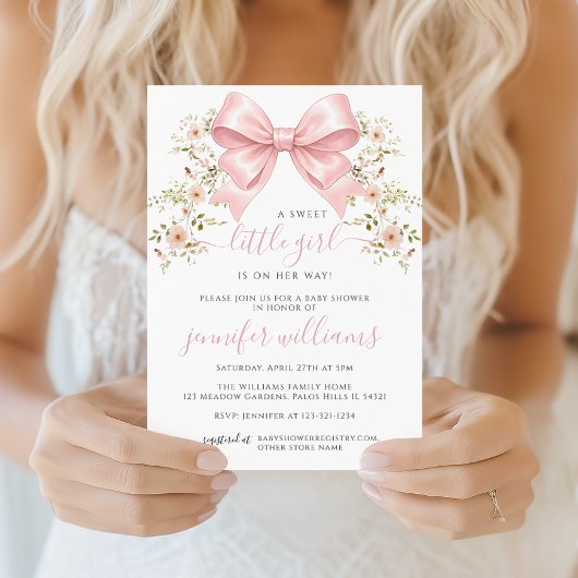Invitation Fête de bébé fille florale ruban rose