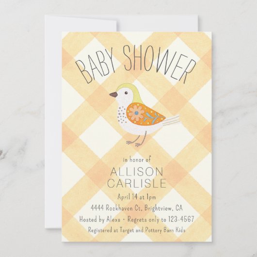 Invitation Fête de bébé Fille Gingham Floral Oiseau 010 (Devant)