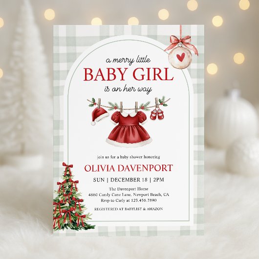 Invitation Fête de Bébé Fille Gingham Noël Mignonne