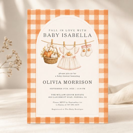 Invitation Fête de Bébé Fille Gingham Vêtements à Liner Tombe