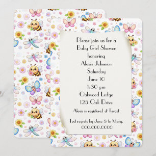 Invitation Fête de Bébé Fille Insectes Fantaisistes