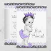 Invitation Fête de Bébé Fille Lavande Violet et Gris (Devant / Derrière)