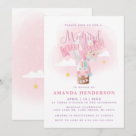 Invitation Fête de Bébé Fille Licorne Montgolfière (Devant / Derrière)