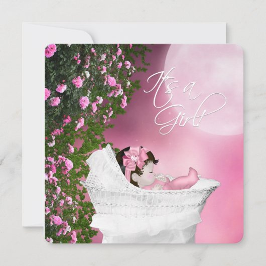Invitation Fête de Bébé Fille Lune Rose (Devant)