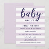 Invitation Fête de Bébé Fille Moderne Écriture Lavande Rayée (Devant / Derrière)