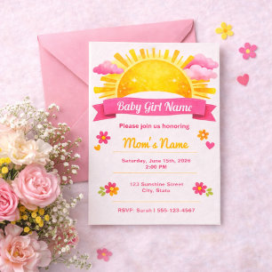 Invitation Fête de Bébé Fille Nuage Aquarelle Rose Coquette