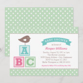 Invitation Fête de bébé fille oiseau vert menthe blocs ABC (Devant / Derrière)